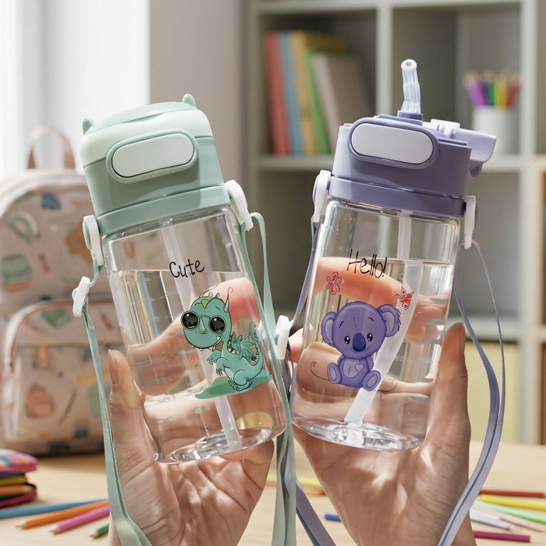 Two children's water bottles with cartoon characters held by hands in a classroom setting.