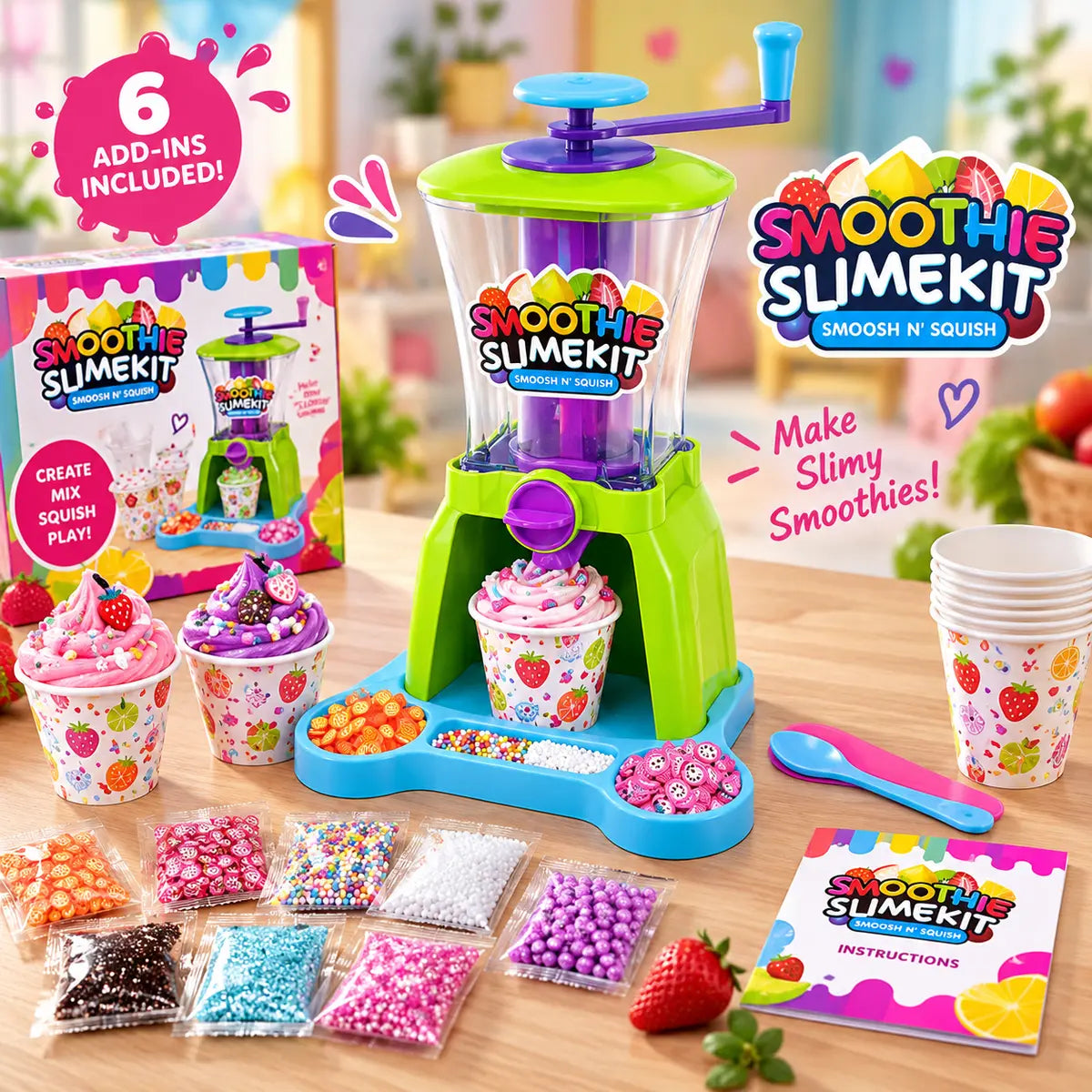 DIY Smoosh N Squish smoothie slime kit machine with colorful slime accessories for kids