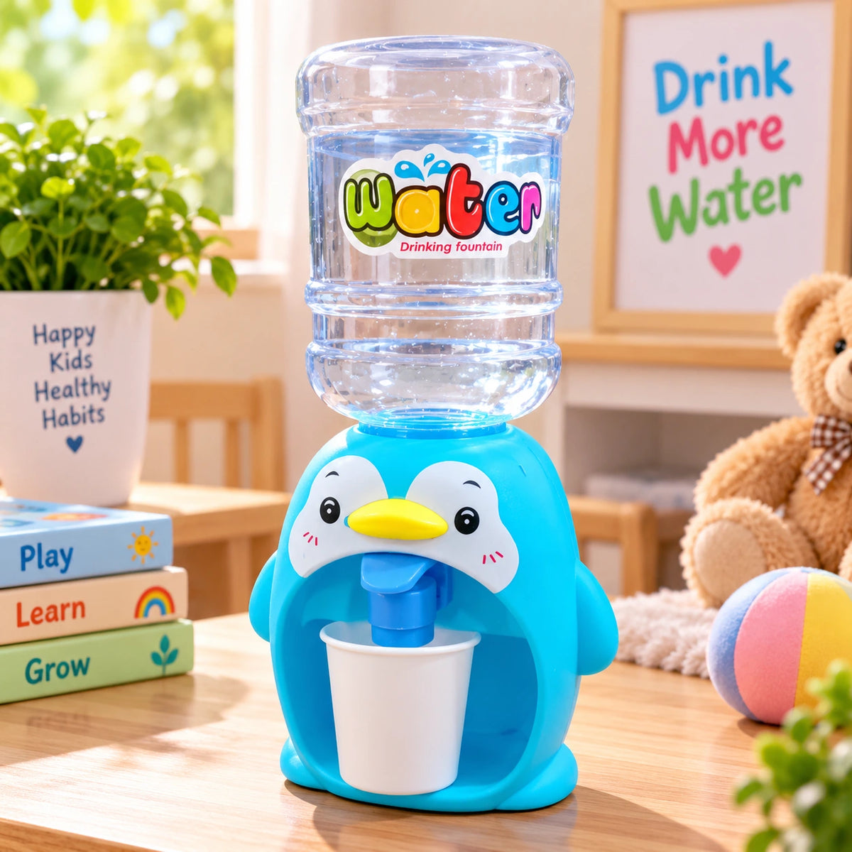 Mini Water Dispenser for Kids with Transparent Reservoir in Cute Penguin and Duck Designs