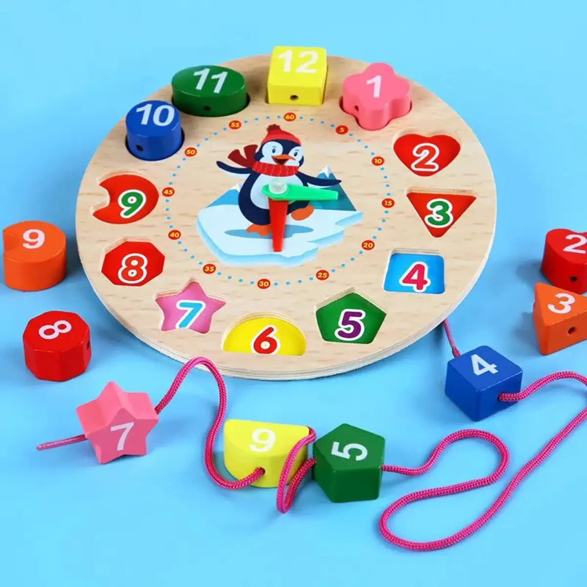 Montessori wooden clock for kids with colorful numbered shape pieces and movable hands