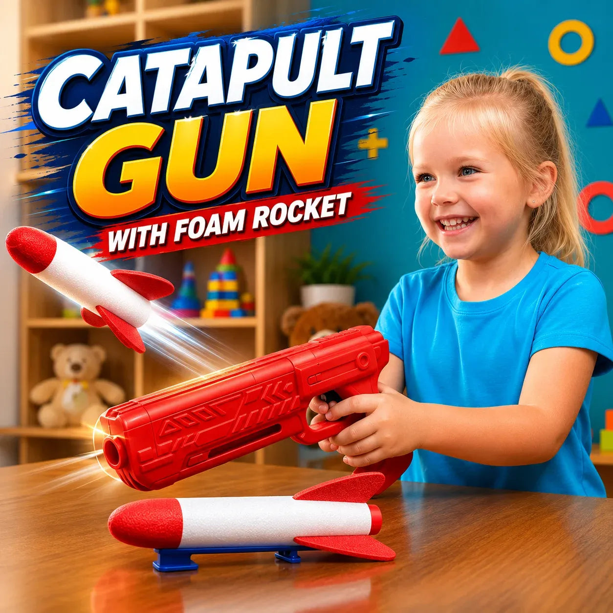 Child playing with a catapult gun and foam rocket in a playful indoor setting.