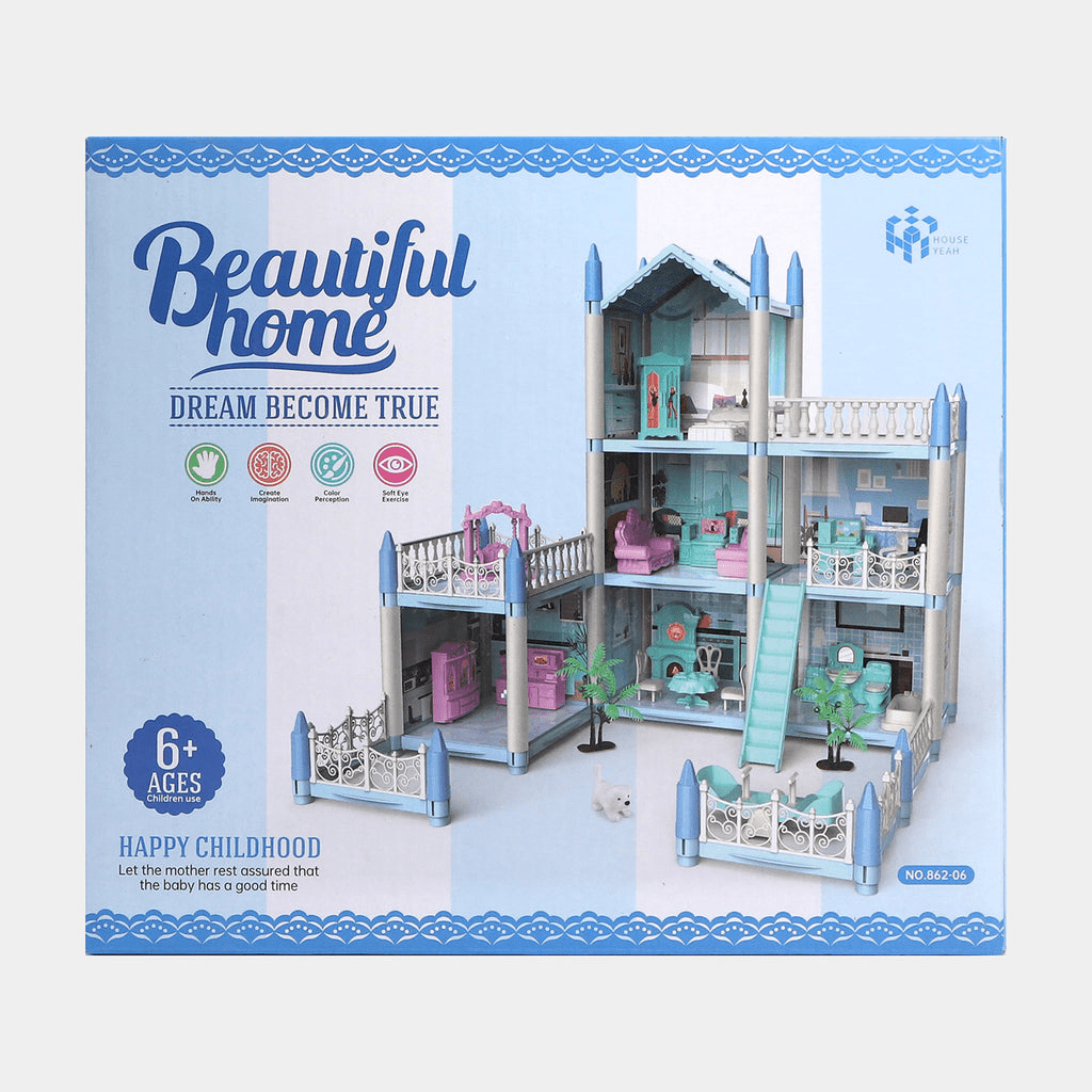 DIY blue doll house villa set for kids with multiple levels, rooms, balconies, slide and miniature accessories