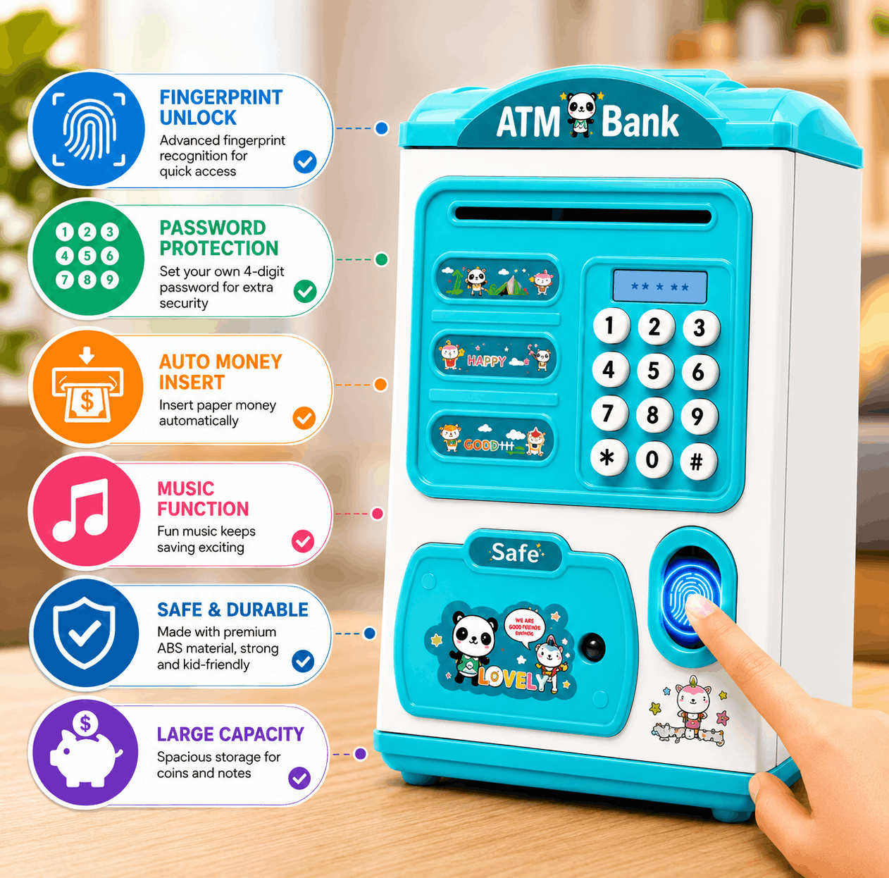 Electronic ATM Piggy Bank with Fingerprint and Keypad for Kids