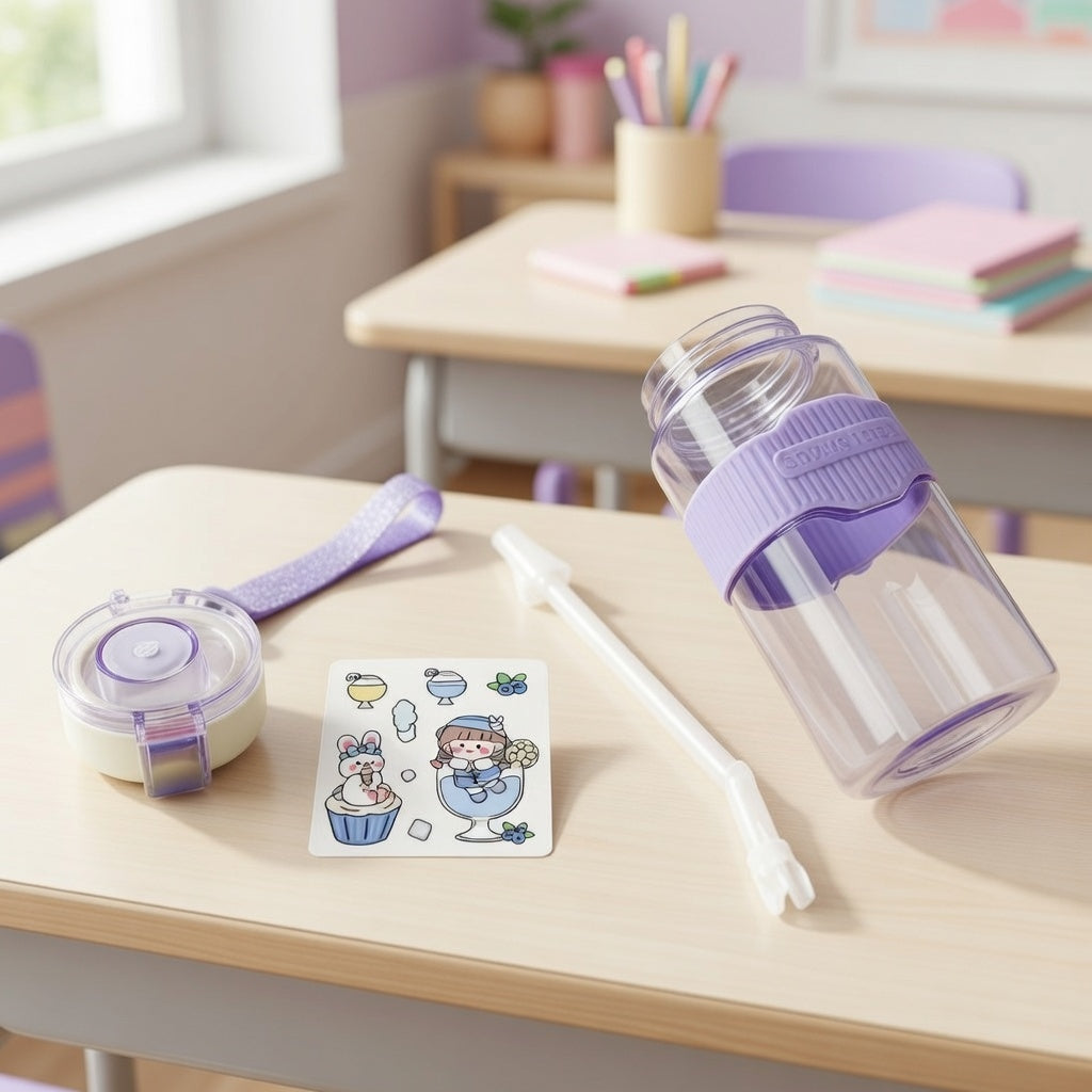 Clear water bottle with purple lid and straw on a desk in a classroom setting