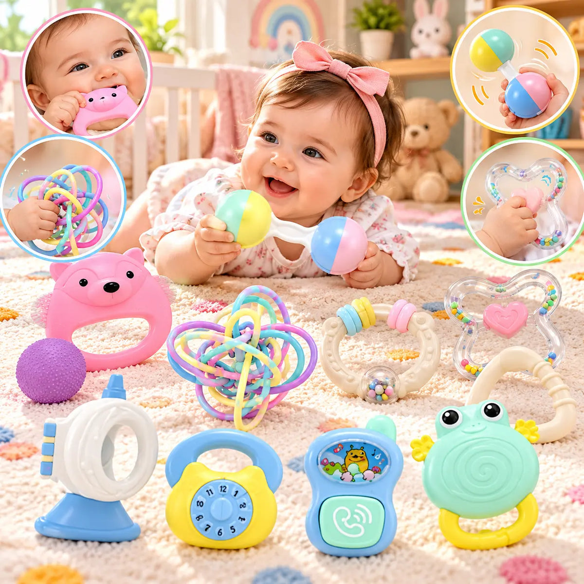 10pcs Colorful Baby Hand Rattle Set featuring assorted animal-shaped rattles, colorful sensory toys