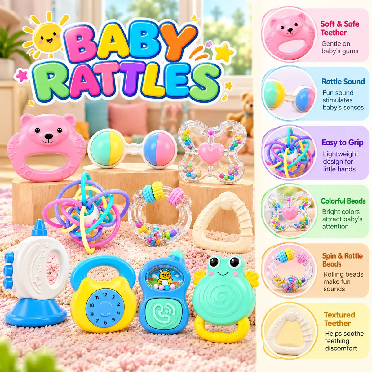 10 Pcs Colorful Baby Hand Rattle Set (KD225-83)