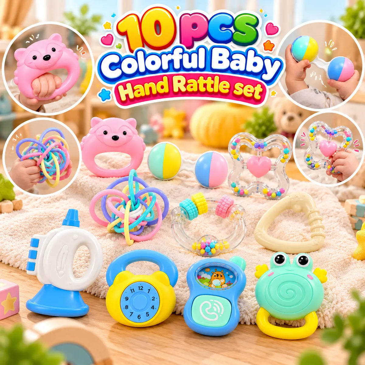 10 Pcs Colorful Baby Hand Rattle Set (KD225-83)