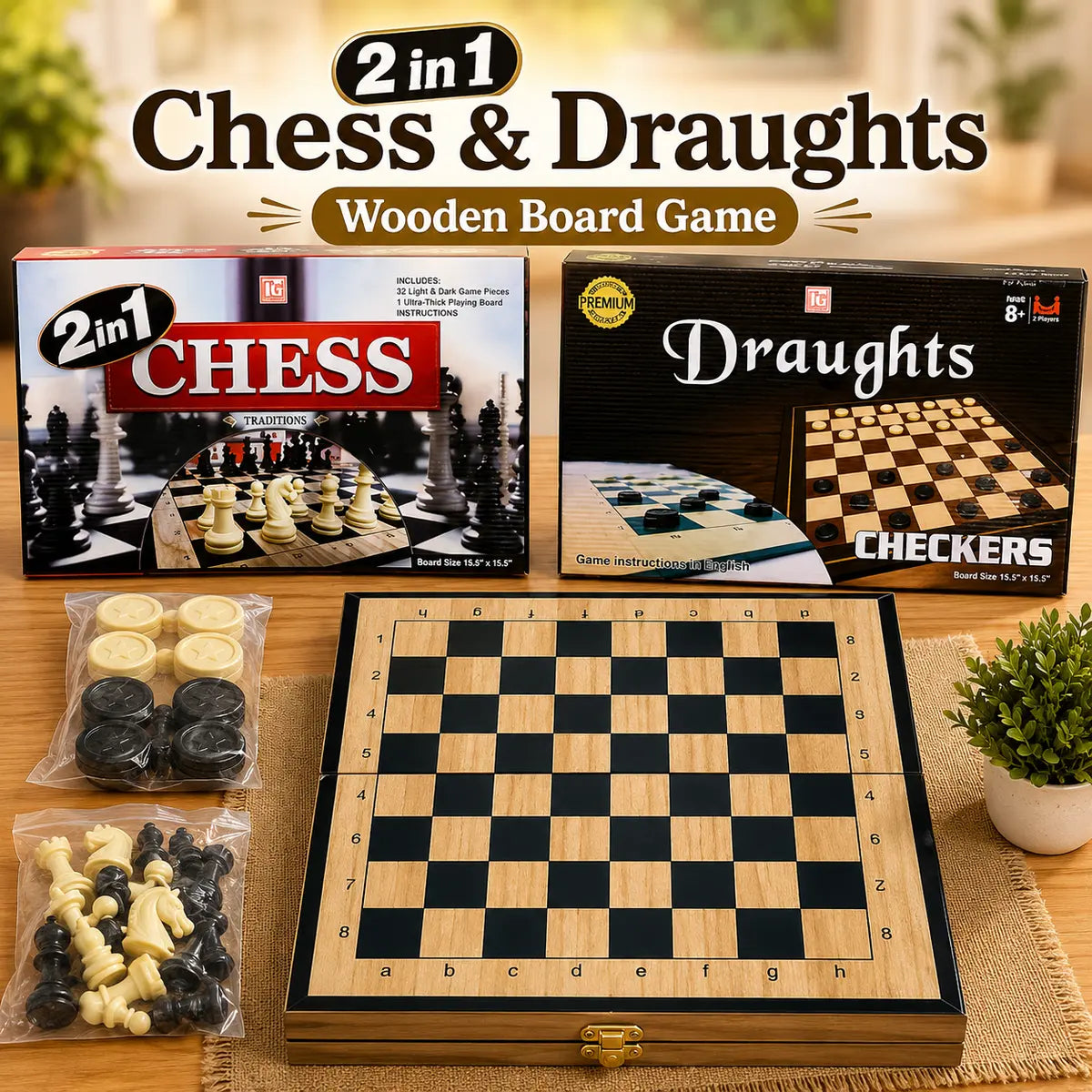 2 in 1 Chess & Draughts Wooden Board Game Set for Kids & Family (1258)