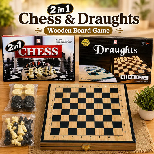 2 in 1 Wooden Chess and Draughts Board Game Set with Chess Pieces and Checkers for Kids and Family