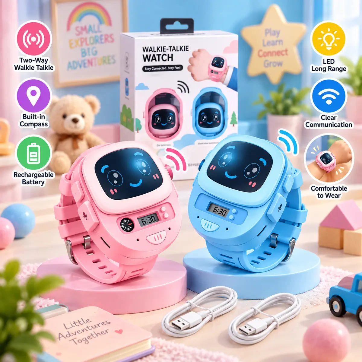 2-in-1 digital smart walkie-talkie watch for kids with rechargeable battery and built-in compass