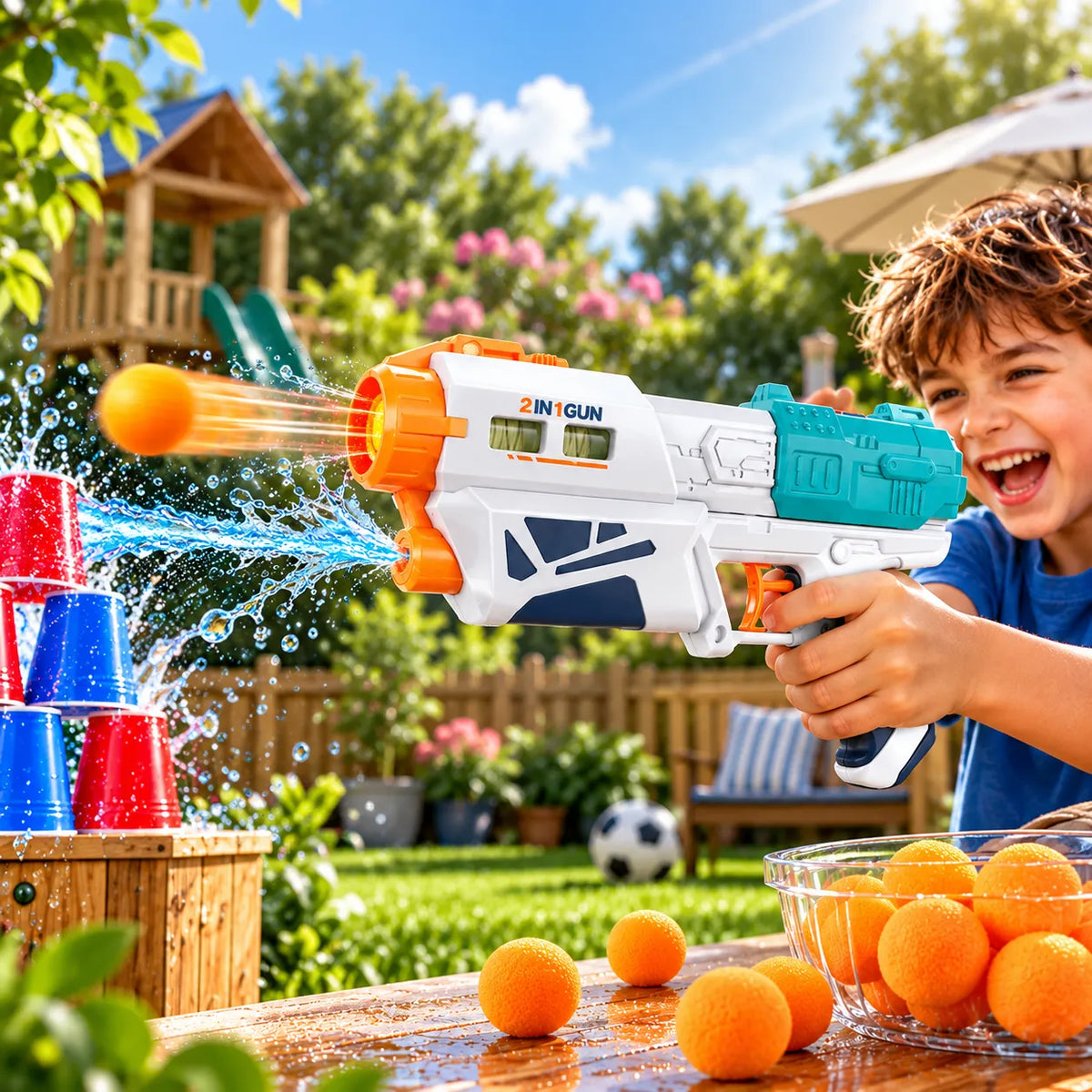 2 in 1 dual function kids toy with foam ball launcher and water spray mode for outdoor play