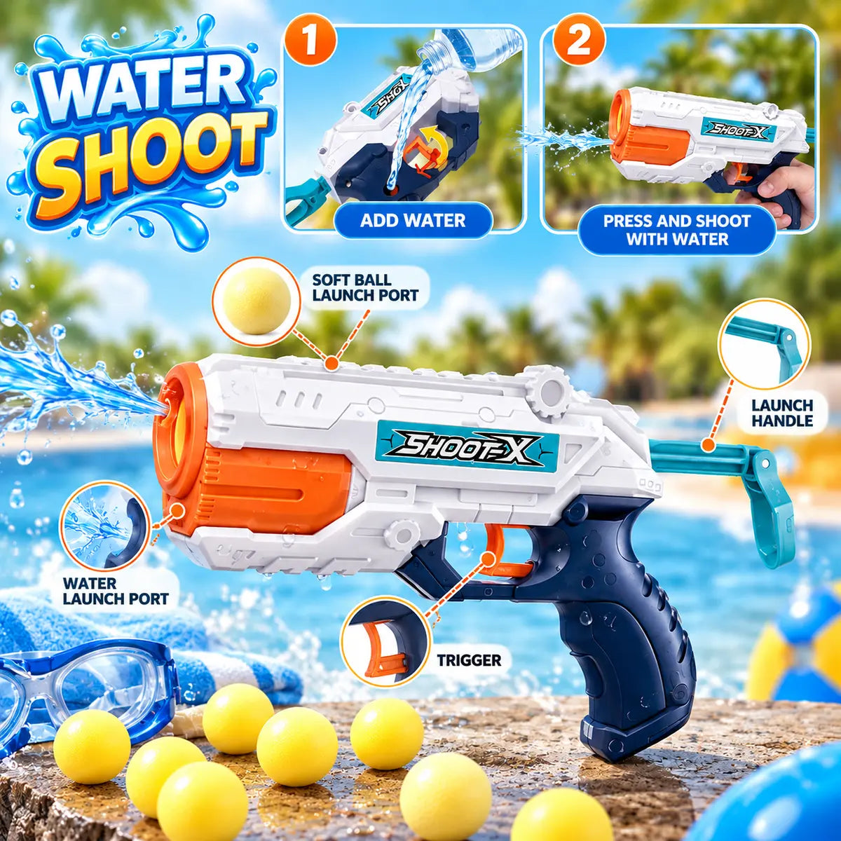 Magic 2-in-1 shooting and water gun toy with foam balls for kids