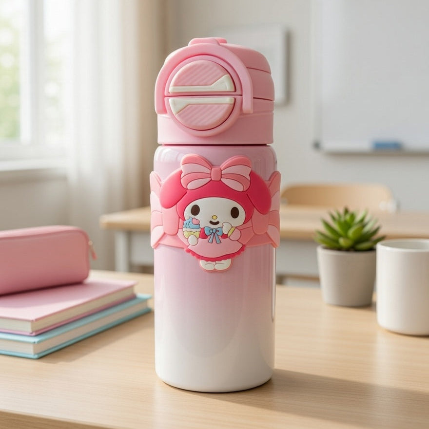 Pink and white water bottle with cartoon character on a desk