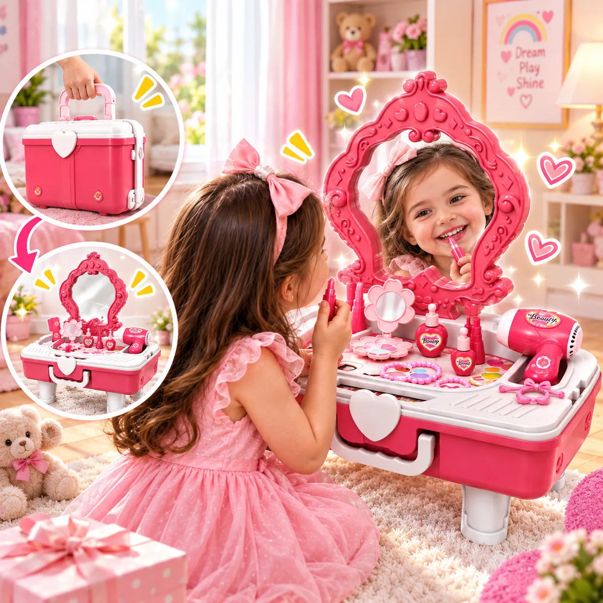 2-in-1 Dressing Table Pretend Play Toy Set for Girls