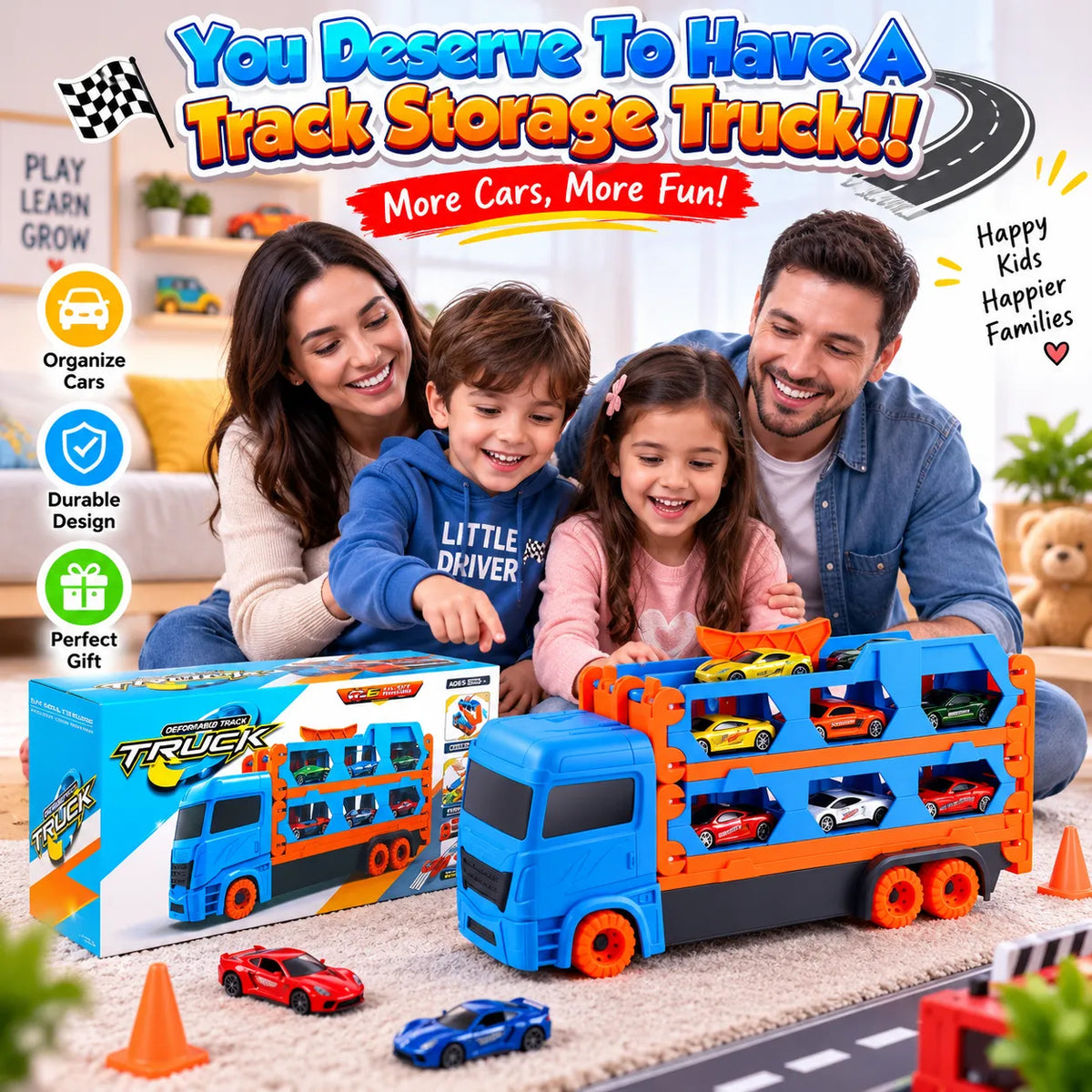 2-in-1 Transforming Truck Car Carrier Playset with Mini Cars for Kids