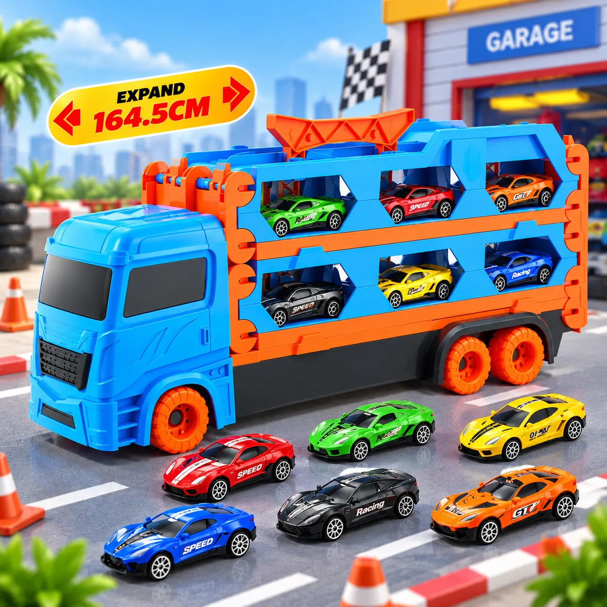 2-in-1 Transforming Truck Car Carrier Playset with Mini Cars for Kids
