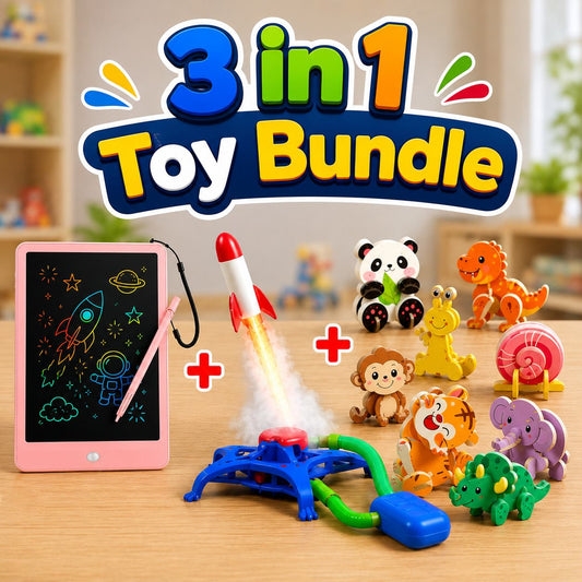 Kids Educational Outdoor Fun Toy Bundle 3-in-1 with Writing Tablet Rocket and Wooden Puzzles