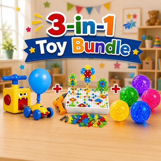 3-in-1 Kids Creative and Active Play Toy Bundle with Balloon Car Drill Set and Rubber Ball