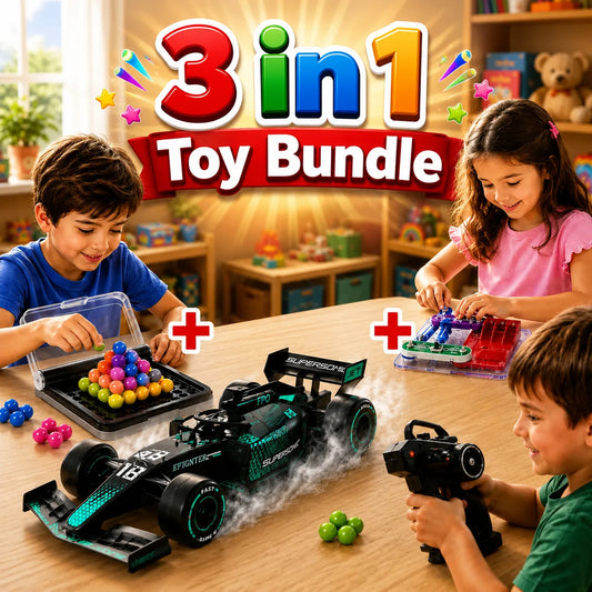 3 in 1 Ultimate Kids Fun & Brain Challenge Toy Bundle with IQ Puzzle, Science Kit and RC Smoke Car