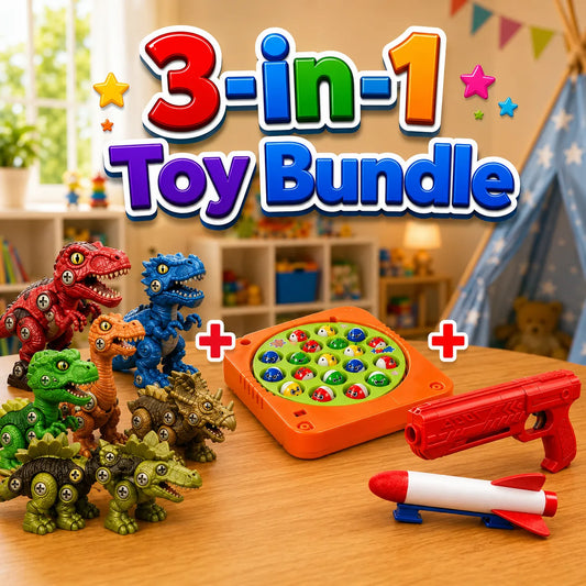 3-in-1 Kids Fun & Adventure Toy Bundle with Dinosaur, Fishing Game and Rocket