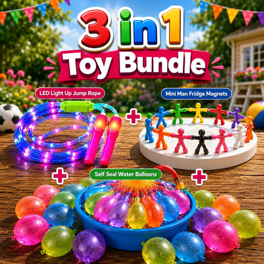 3-in-1 Active Play & Outdoor Fun Toy Bundle with LED Jump Rope, Water Balloons and Stretchy Stick Figure Toys