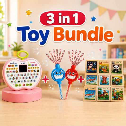3-in-1 Kids Learning and Fun Toy Bundle with Laptop Bubble Stick and Wooden Puzzles
