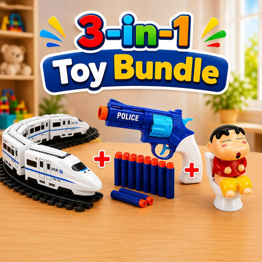 3-in-1 Kids Ultimate Fun Toy Bundle with RC Train,prank Gun and chinhcan prank toy