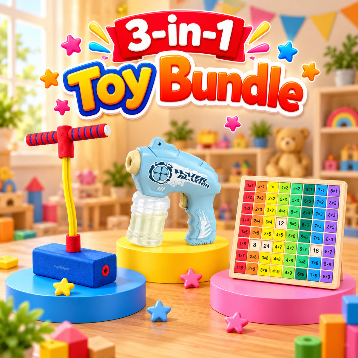 3-in-1 Kids Toy Bundle with Electric Water Gun Multiplication Board and Balance Jump Toy