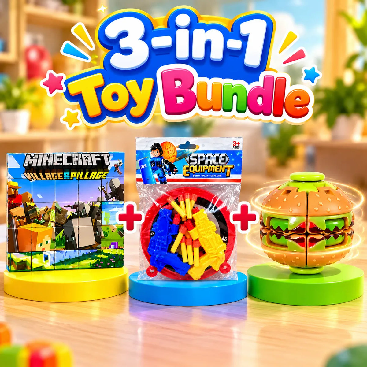 3-in-1 Kids Minecraft, Combat Gun & Fidget Toy Bundle (0104/(L-1/BZ96-101B)