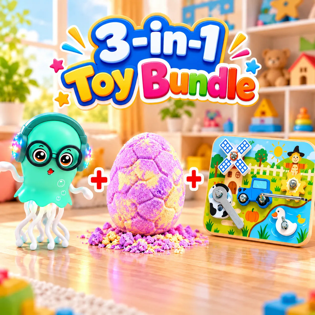 3-in-1 kids activity toy bundle featuring a wooden farm themed screw board, bath bomb surprise toys, and a dancing jellyfish toy