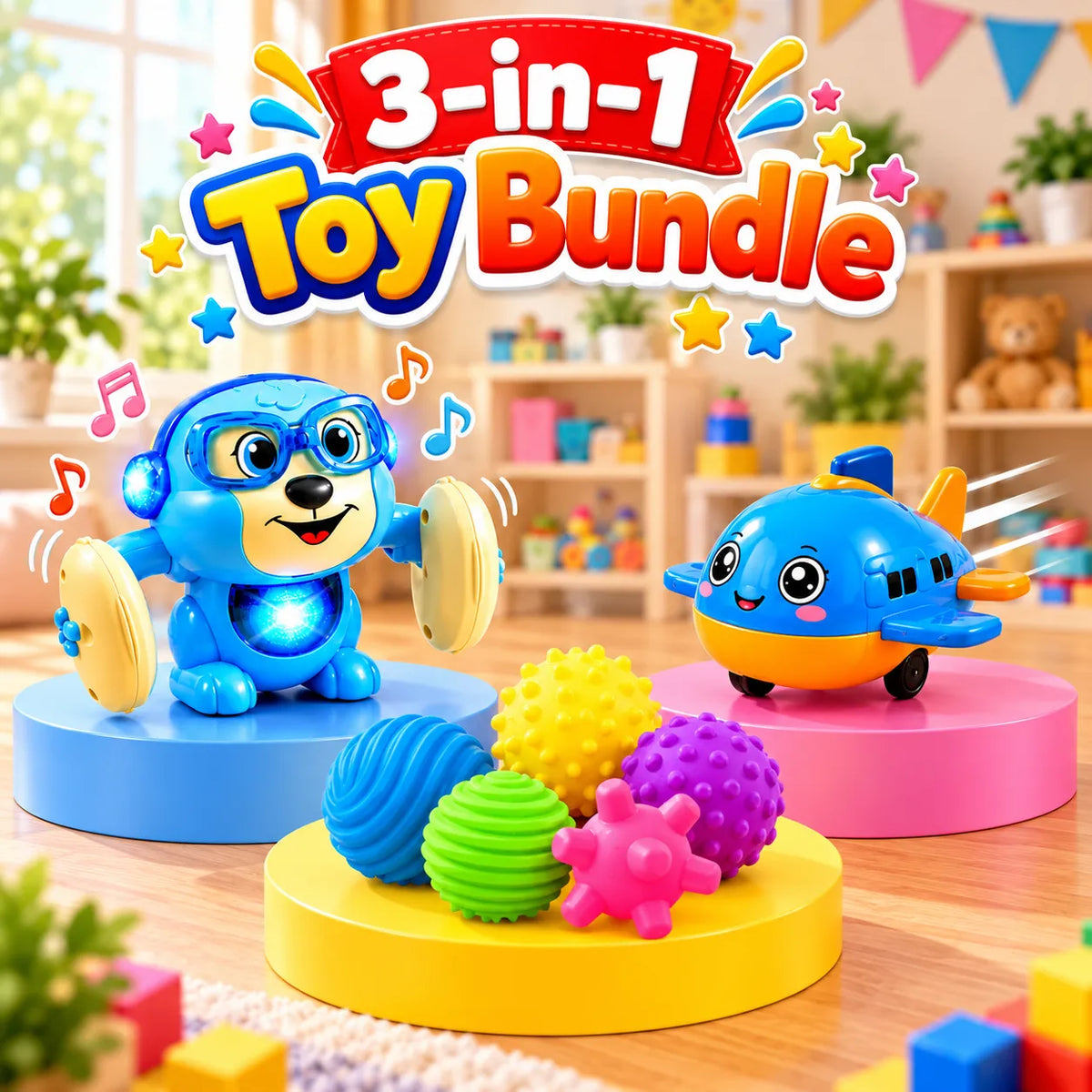 3-in-1 kids indoor entertainment toy bundle featuring a blue pull-back airplane, dancing monkey with headphones, and colorful soft squeeze balls