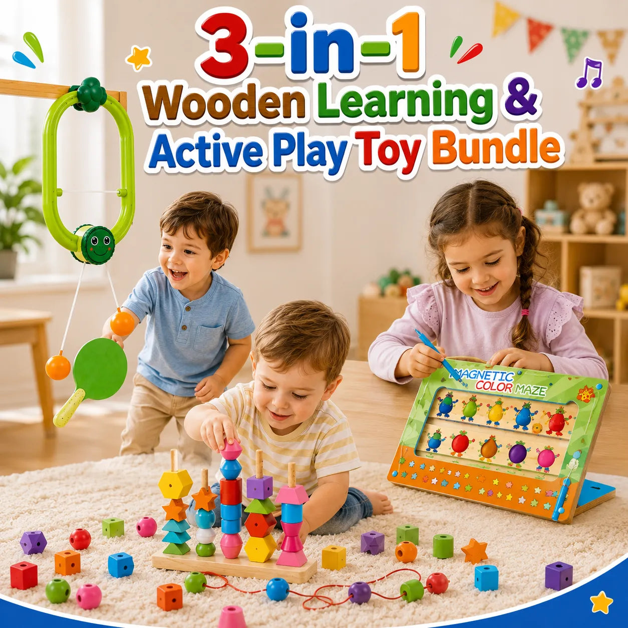3-in-1 Wooden Learning & Active Play Toy Bundle for Kids