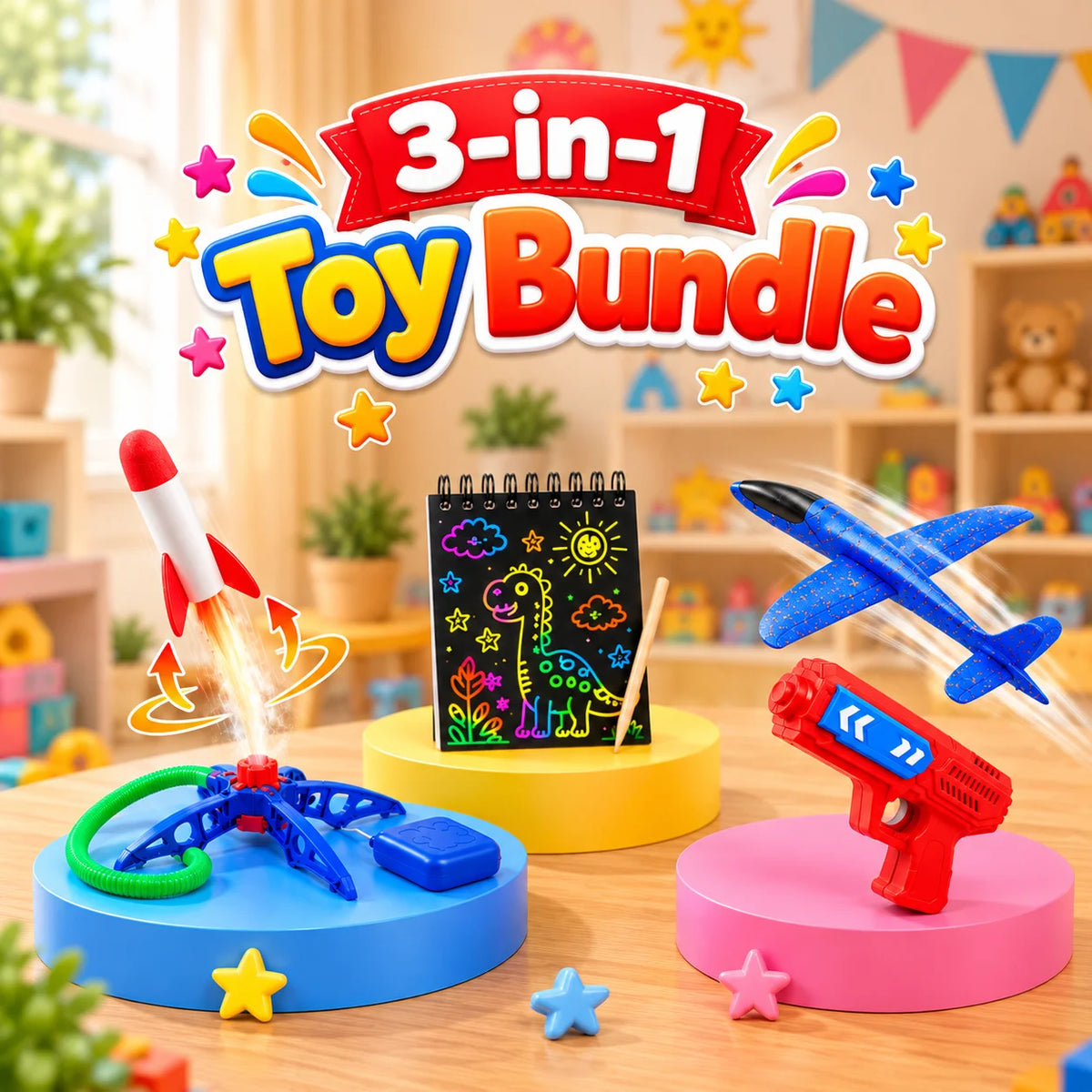 3-in-1 Kids Fun and Learning Toy Bundle with Scratch Art Notebook, Airplane Launcher and Stomp Rocket 