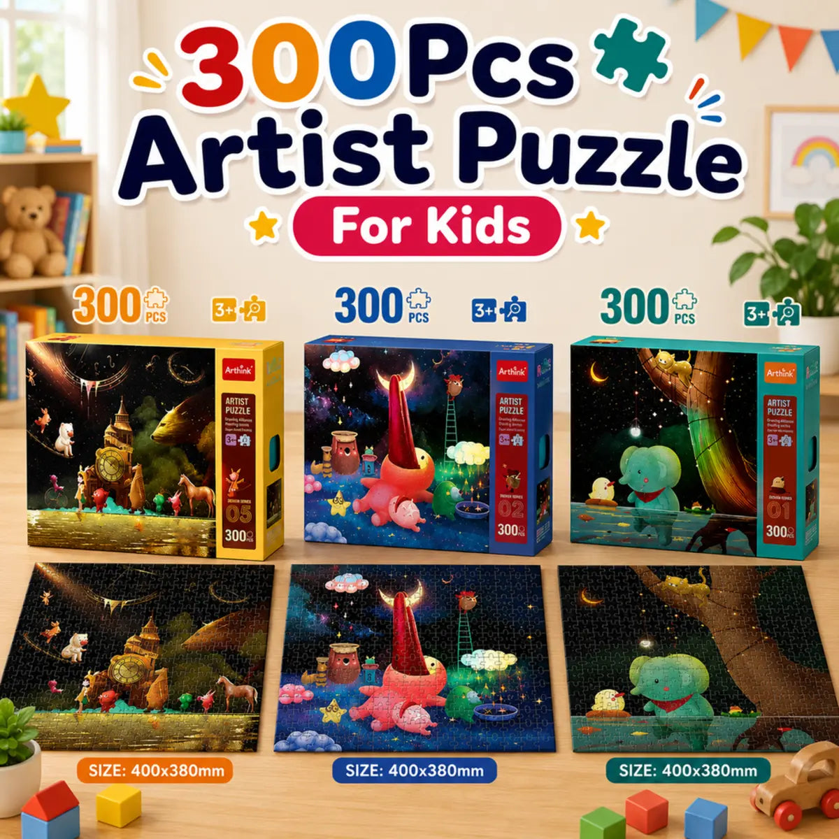 300 Pcs Artist Puzzle for Kids educational jigsaw puzzle with colorful artwork, premium cardboard pieces.