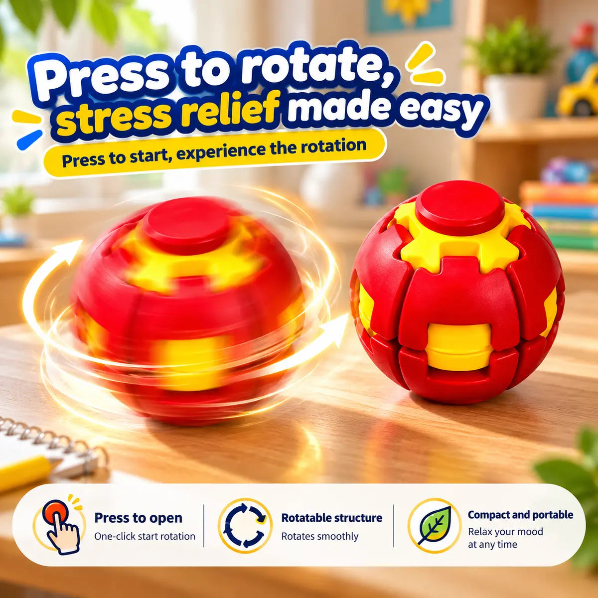 Colorful 3D Printed Stress Relief Spin Ball Press-to-Spin Sensory Fidget Toy for Kids and Adults