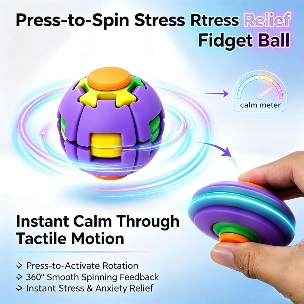 Colorful 3D Printed Stress Relief Spin Ball Press-to-Spin Sensory Fidget Toy for Kids and Adults