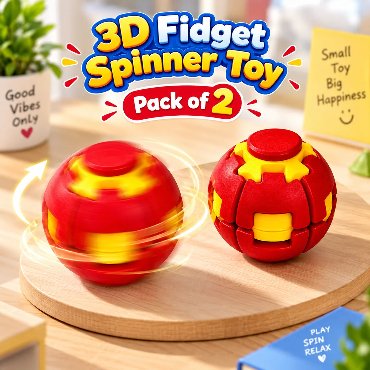Colorful 3D Printed Stress Relief Spin Ball Press-to-Spin Sensory Fidget Toy for Kids and Adults