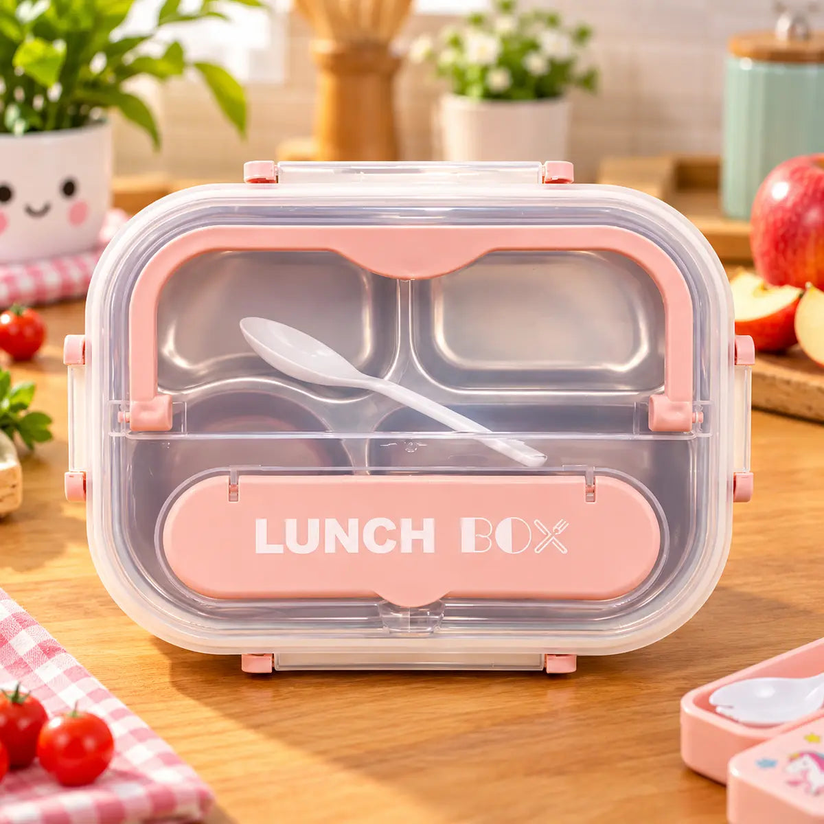 4 compartment stainless steel lunch box with transparent lid in blue, green, and pink colors