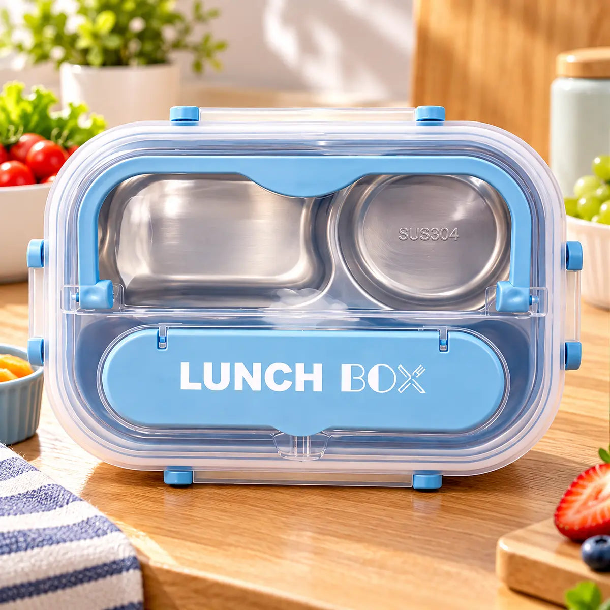 4 compartment stainless steel lunch box with transparent lid in blue, green, and pink colors