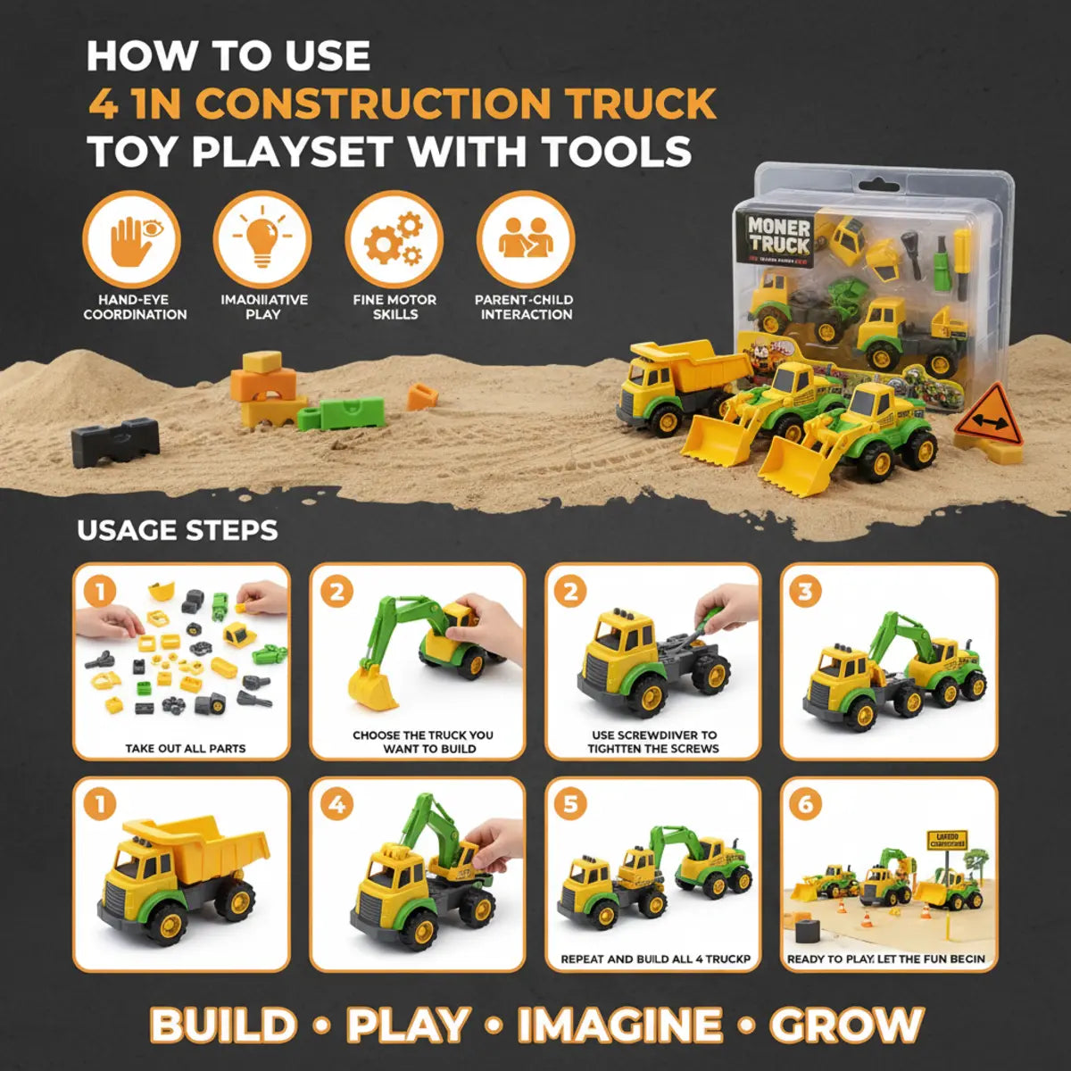 4 in 1 construction truck toy playset with screwdriver and wrench tools for kids DIY assembly play