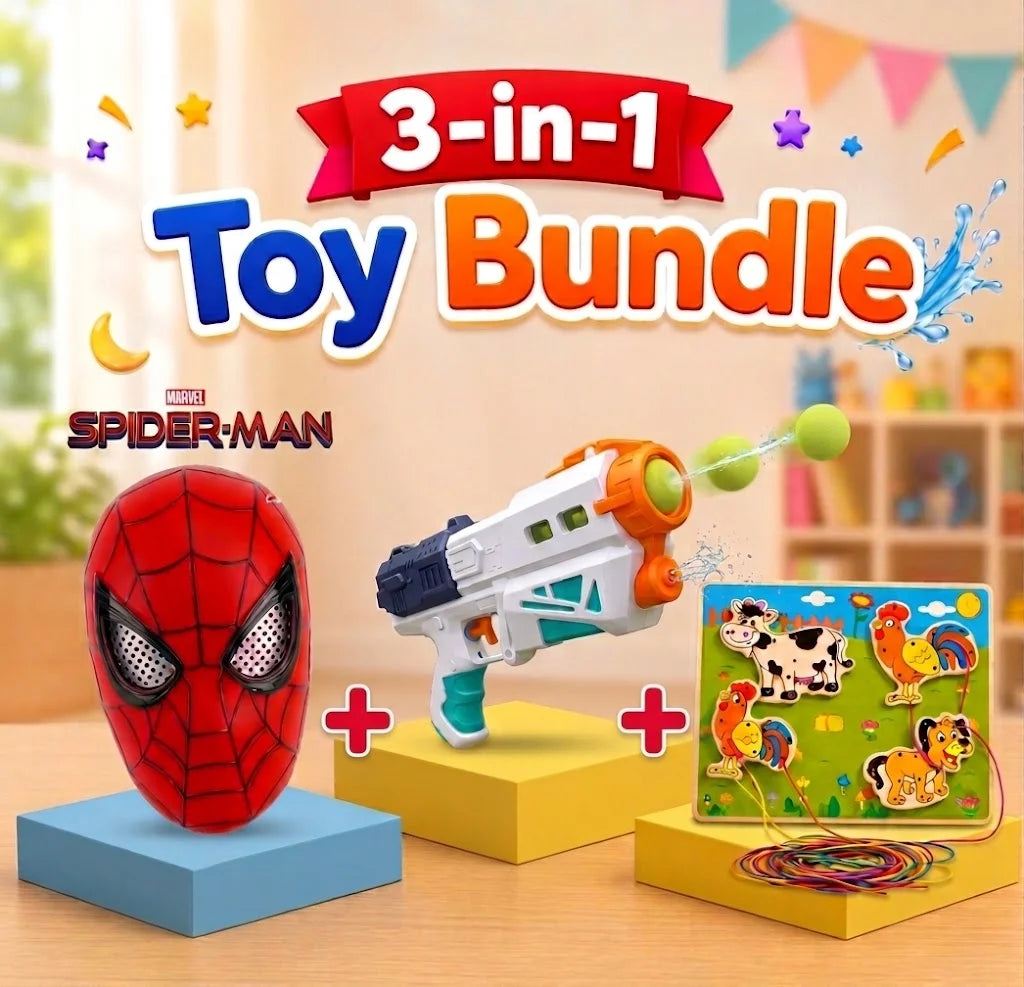 3-in-1 Kids Mask Water Gun and Animal Lacing Puzzle Toy Bundle