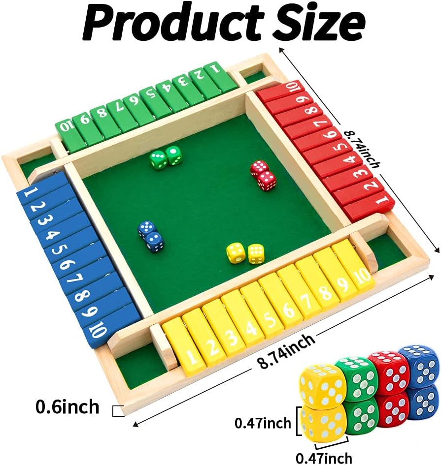 Shut The Box Dice Game – Wooden Family Math Board Game 2–4 Players (2025-39)