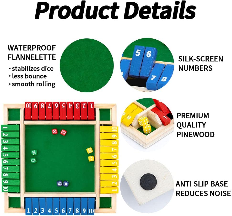 Shut The Box Dice Game – Wooden Family Math Board Game 2–4 Players (2025-39)