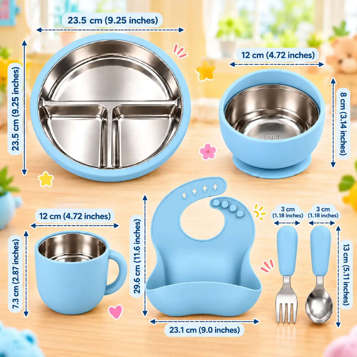 6-piece stainless steel baby feeding set with divided plate, bowl, cup, bib, spoon and fork.