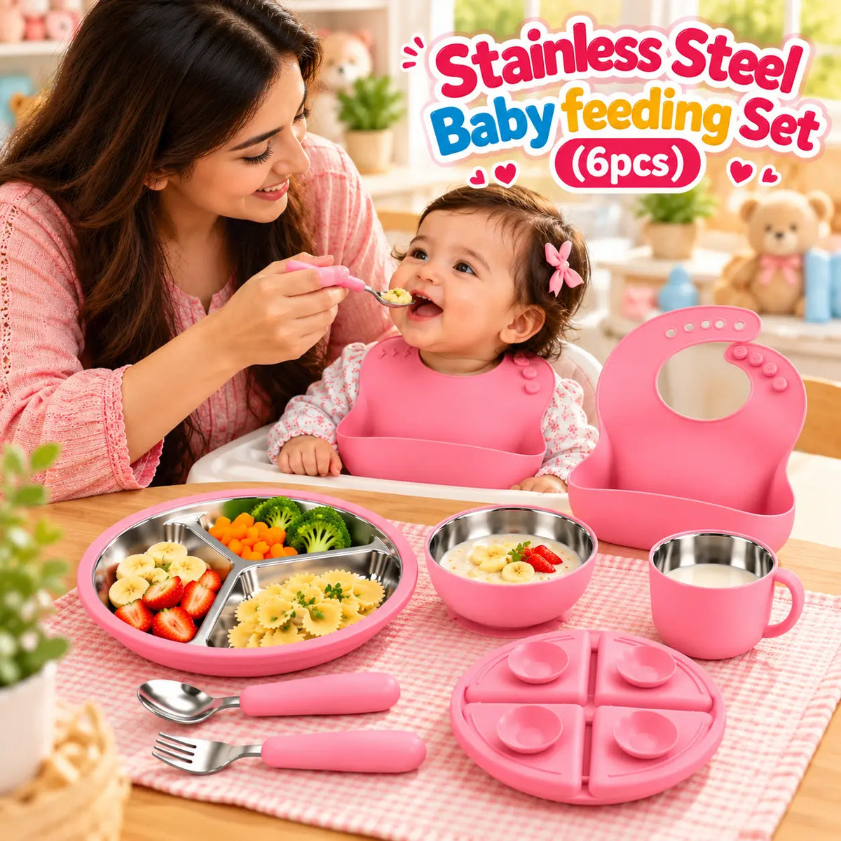 6-piece stainless steel baby feeding set with divided plate, bowl, cup, bib, spoon and fork.