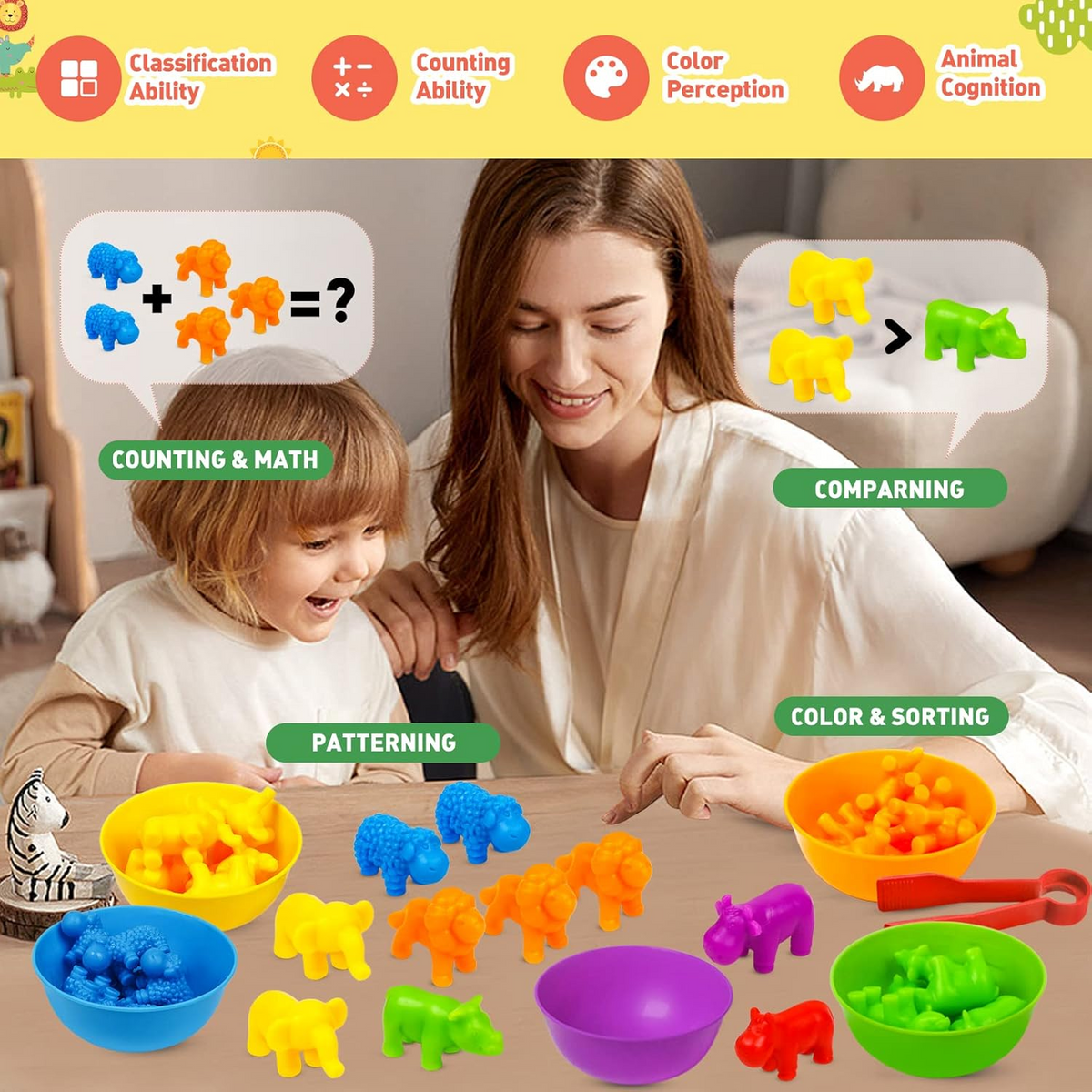Animal Counting, Color Sorting & Matching Game with Rainbow Bowls