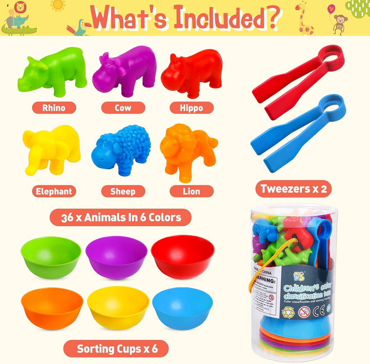 Animal Counting, Color Sorting & Matching Game with Rainbow Bowls