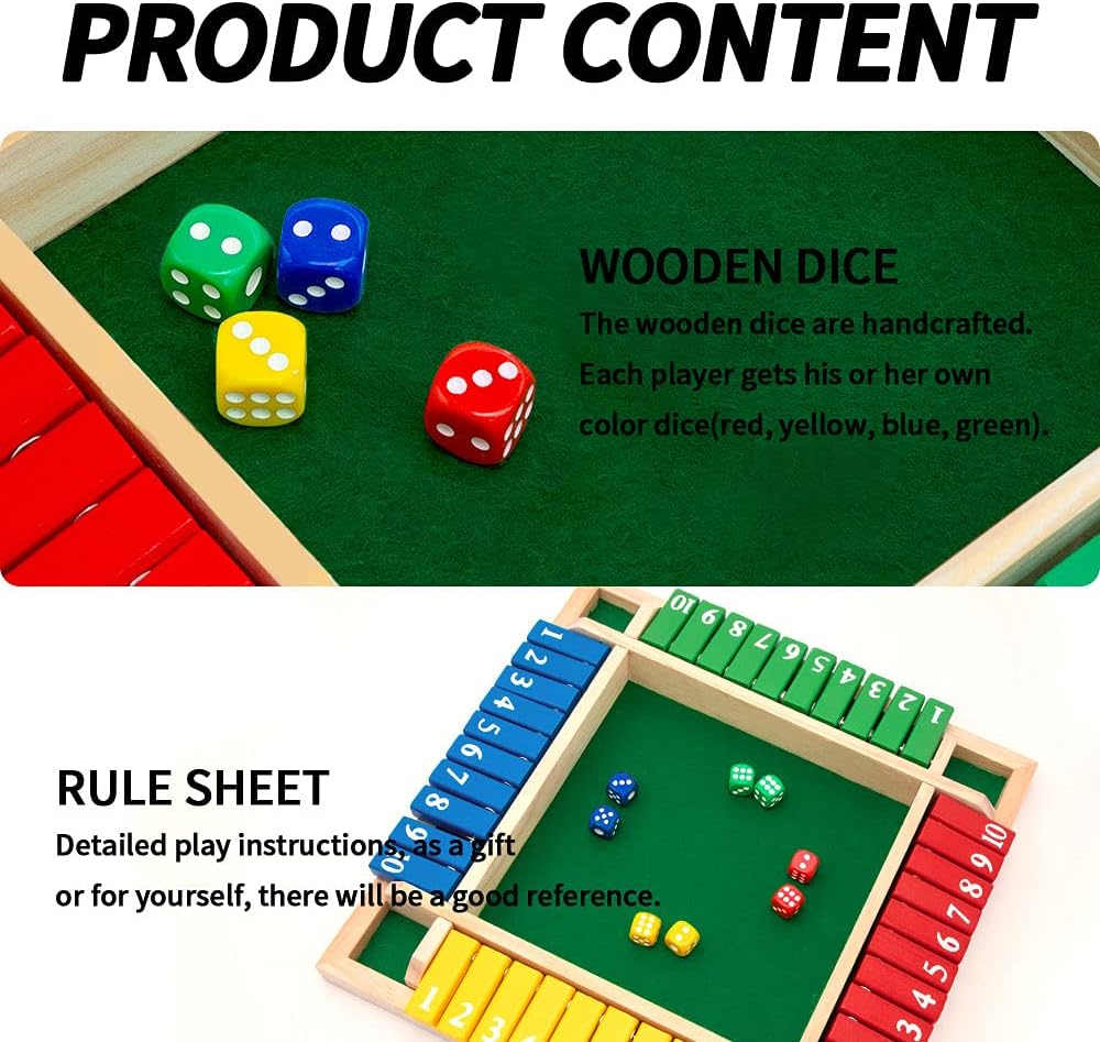 Shut The Box Dice Game – Wooden Family Math Board Game 2–4 Players (2025-39)