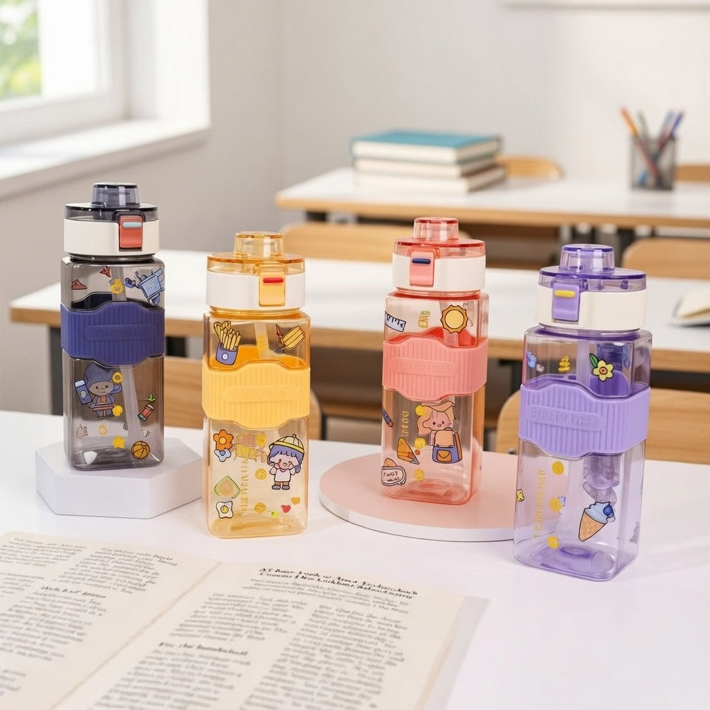 Four colorful water bottles with cartoon designs on a table.