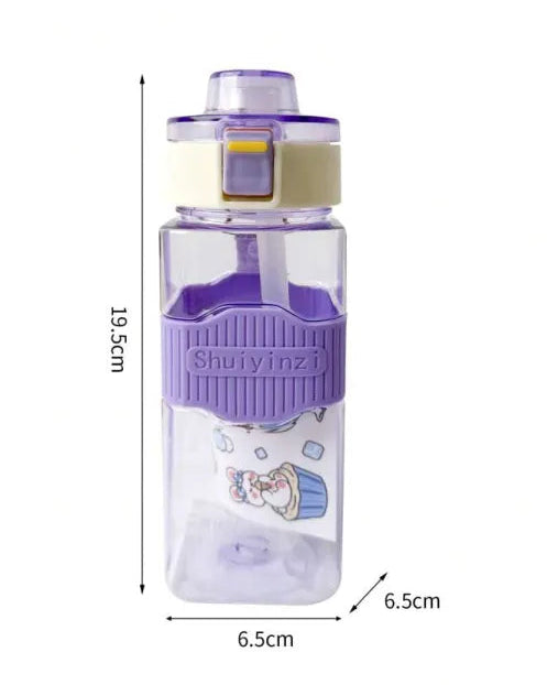 Purple water bottle with measurements on a white background